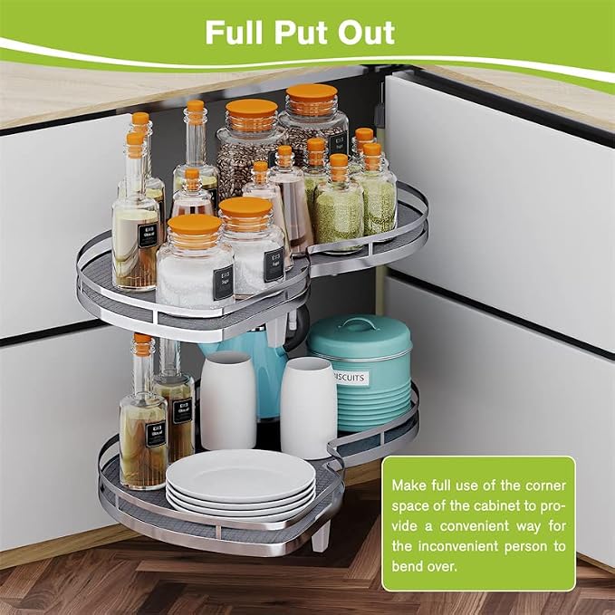 Blind Corner Cabinet Pull Out Organizer, Soft Close Swing Left Pull Out Cabinet Organizer 36inch, Corner Cabinet Lazy Susan for Corner Cabinet Blind Shelf, 2 Tiers Tray, Adjustable Height - Image 6