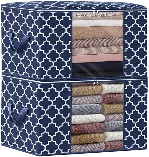 Storage Bags 100L 2Pack Clothes Organization and Storage Containers | Large Blanketfor Bedding, Comforters, Foldable Organizer with Reinforced Handle, Clear Window, Sturdy Zippers, Blue by WiseLife