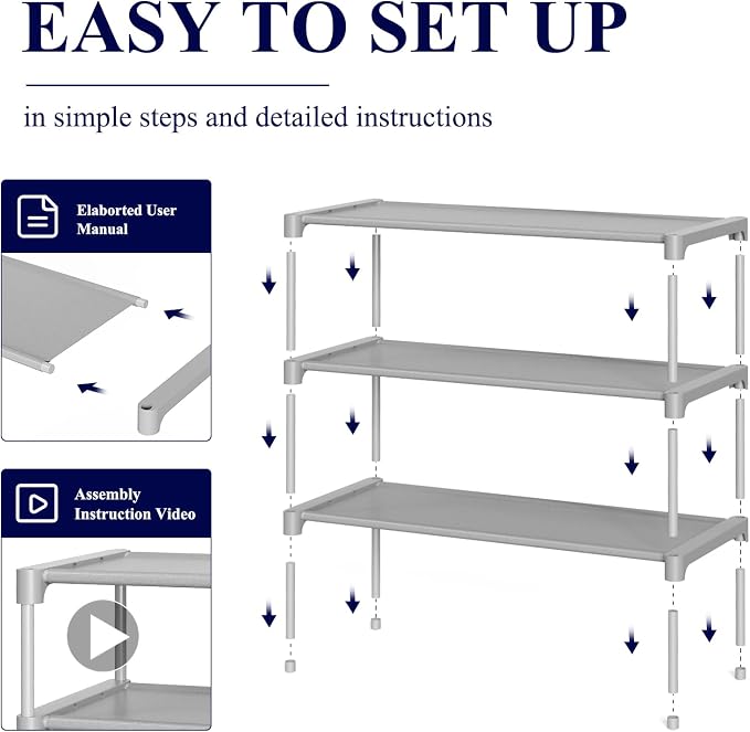 Kitsure Shoe Rack - Non-Woven Shoe Rack Shelf, Shoe Organizer for Closet, Entryway, Garage & Corridor, Stackable Shoe Shelves, 27.5" Wide - 3 Tier, Grey | Shoe Organizer for Closet, Entryway, Garage, Stackable Shoe Shelves, college dorm&apartment essen... - Image 5