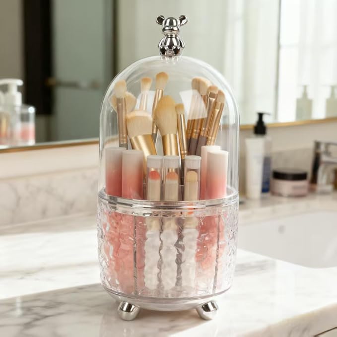 Dezzer Makeup Brush Holder with Lid, 360 Rotating Make Up Organizers with 6 Dividers, Dustproof Make up Brush Pencil Holder for Desk Vanity Bathroom Countertop Office, Clear - Image 5