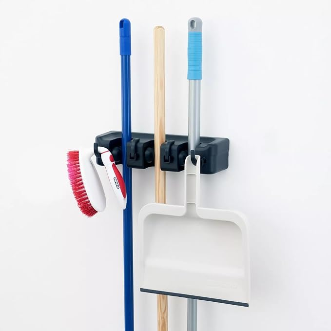 Broom and Mop Holder Wall Mount, Hooks Hanger for Mops and Broom, Organizer Kit with 3 Slots and 4 Hooks, Perfect for House, Bathroom, Laundry, Garden, Tool Room, Garage, Wall Mounted, Black by Unknown