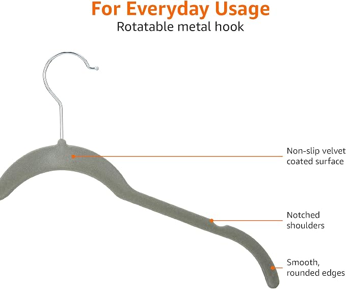 Amazon Basics Slim, Velvet, Non-Slip Shirt Clothes Hangers, Gray/Silver - Pack of 50 - Image 4