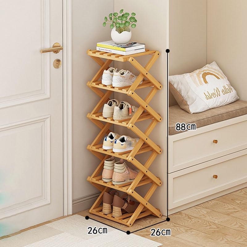 YYW Shoe Rack, Foldable Bamboo Shoes Shelf, Freestanding Shoe Storage Organiser for Entryway, Hallway, Bedroom, Closet (Wood Color, 6 Layers) - Image 2