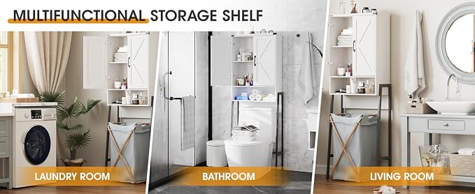 Vabches Over The Toilet Storage Cabinet with 2-Door Design Bathroom Organizers and Storage with Anti-Tip Device Over Toilet Organizer with Shelves for Bathroom,Restroom,Laundry White - Image 9