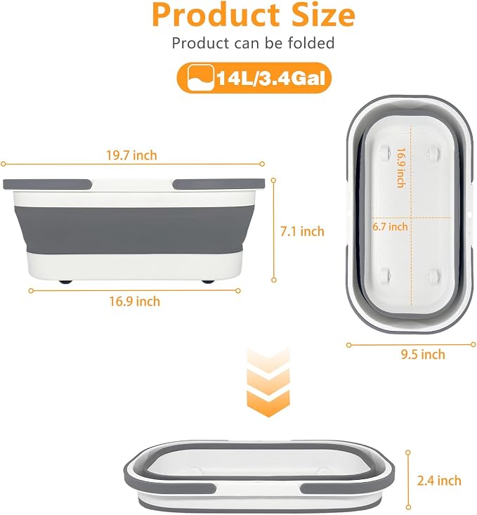 Goderewild Collapsible Bucket with Wheels 14L (3.7 Gallon) - Versatile and Durable for House Cleaning, Camping, and RV - Convenient Rectangular Mop Cleaning Basket - Lightweight & Compact (14L-Grey) - Image 2
