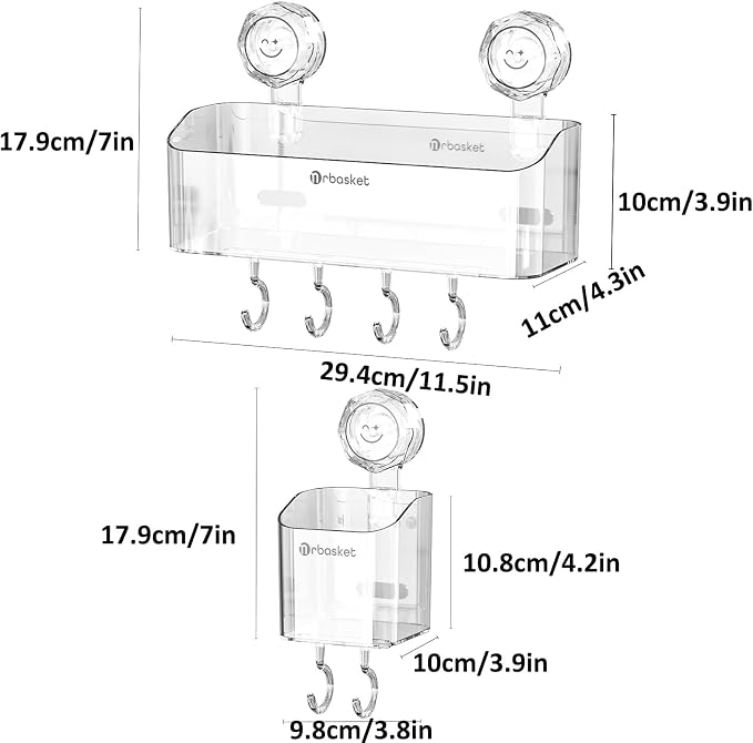 2-Pack Suction Cup Shower Caddy Set, Wall Mounted Suction Rack, Bathroom Shower Shelf Basket Set with Shower Organizer and Toothbrush Holder (No Drilling Required) - Image 2