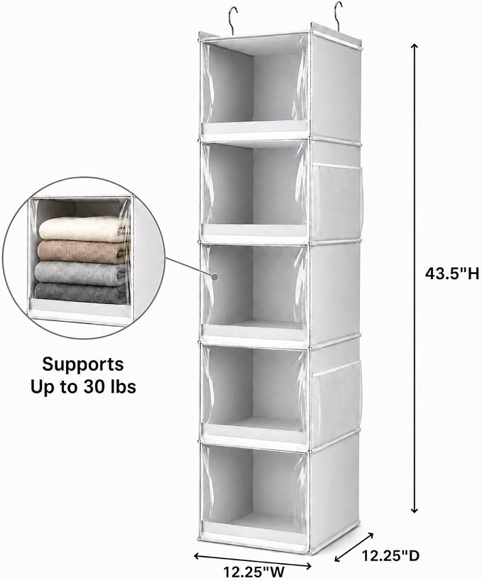 Vailando 5-Shelf Hanging Closet Organizer with Clear Dust Covers, Gray | Individual Clear Covers, Reinforced PP Shelves, 4 Side Pockets and Anti-slip Front Bars for Clothes, Shoes and Purses - Image 3