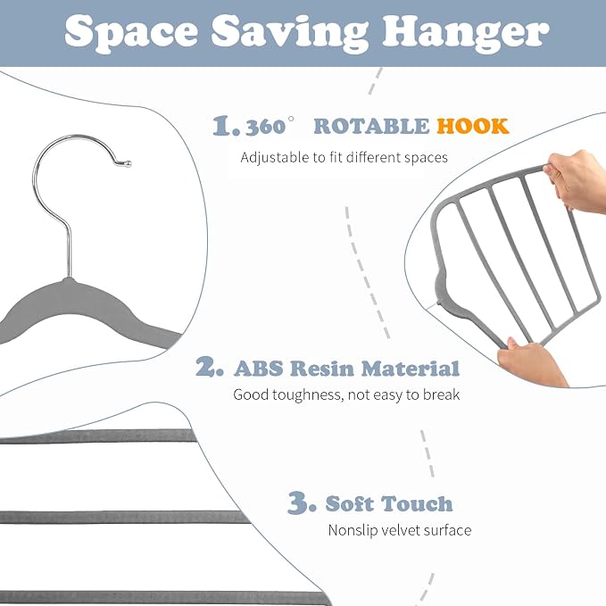 Tinfol Gray Velvet Pants Hangers Space Saving, 4pc Non-Silp Pant Hanger, Jeans Slack Trousers Hangers, Multi Layer Clothes Hanger Closet Organizer Perfect for Pants,Trouser,Jeans - Image 3