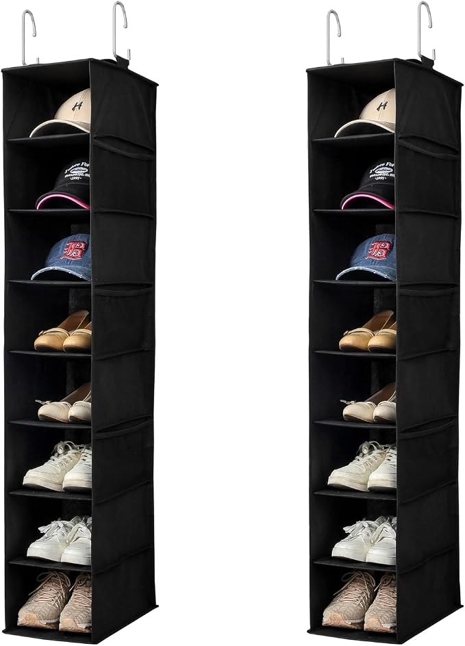 Berdeng Hanging Shoe Organizer for Closet with Side Mesh Pockets，Hat Racks for Baseball Caps，Shoe and Hat Holder & Storage，8-Shelf，Black，2 Pack by Berdeng