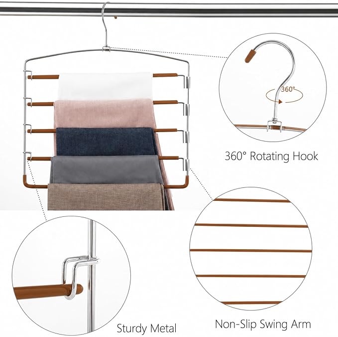 Pants Hangers Space Saving 3 Pack 5 Layer Swing Arm Hanger Brown - Image 5