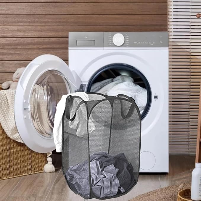 2 Pack Pop Up Laundry Hampers, Collapsible Mesh Laundry Basket Black - Image 5