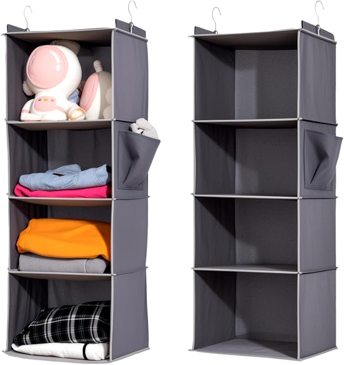 2 Packs Hanging Closet Organizer, 4-Shelf Closet Organizers and Storage with Side Pockets, Collapsible Hanging Shelves for Closet & RV & College Dorm,Grey by WelcometoYRCBEHFU