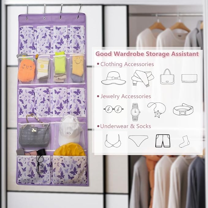 16 Pockets Over Door Hanging Storage Organizer with 4 Kinds Pouches for Shoes,Sock,Hat,Underwear,Handbag,Cosmetics,Toiletry,Behind Door Hanging Shelf Space-saving for Bathroom,Bedroom,Entrance,Purple - Image 5