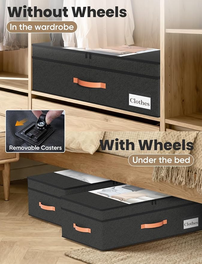 TOSKING 2-Pack Under Bed Storage Drawers with Wheels, 6 Vacuum Bags, Adjustable Height 7.9-10.2", Large 90L/80 lbs Clear Lid, 900D Oxford, Space Saver for Dorm Bedroom, Blankets, Clothes, Shoes, Black - Image 7