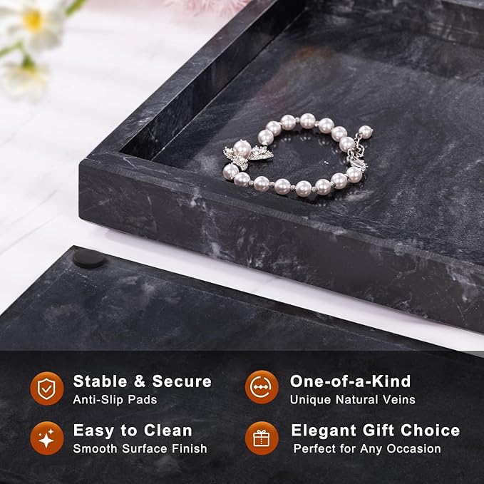 Marble Bathroom Tray for Countertop & Home Decor, Natural Decorative Marble Tray for Jewelry & Perfume Organizer, Luxury Stone Vanity Trays for Dresser, Kitchen Counter, 12" x 8", Gray Black - Image 2