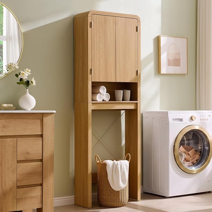 Over the Toilet Storage Cabinet, 69.69" Curved Bathroom Storage Organizer Cabinet with Doors and Adjustable Shelves, Wooden Free Standing Toilet Space Saver Rack, Natural by ALLTUFOYourDailyEssential