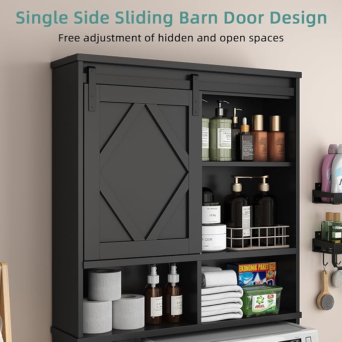 Over the Toilet Storage Cabinet with Farmhouse Sliding Barn Door, Above Toilet Organizer with Toilet Paper Holder Stand, Behind Toilet Shelf, Space Saver for Restroom, Bathroom, Laundry, Black - Image 4