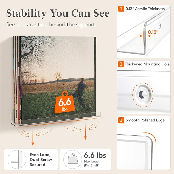 Lifewit Narrow Acrylic Floating Shelves for Vinyl Record 12", Clear 6 Pack - Image 4