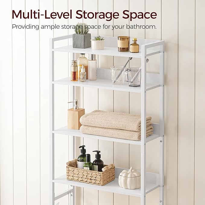 MAHANCRIS Over The Toilet Storage Rack, 4 Tier Bathroom Organizer Over Toilet, Freestanding Space Saver Toilet Stand with 2 Hooks, Bathroom Storage Shelf, Easy to Assemble, White TSBW0401 - Image 3
