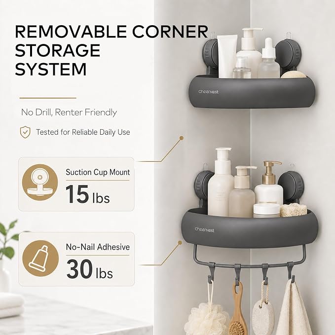 Corner Shower Caddy Suction Cup, Removable Bath Organizer Shelves - Image 4