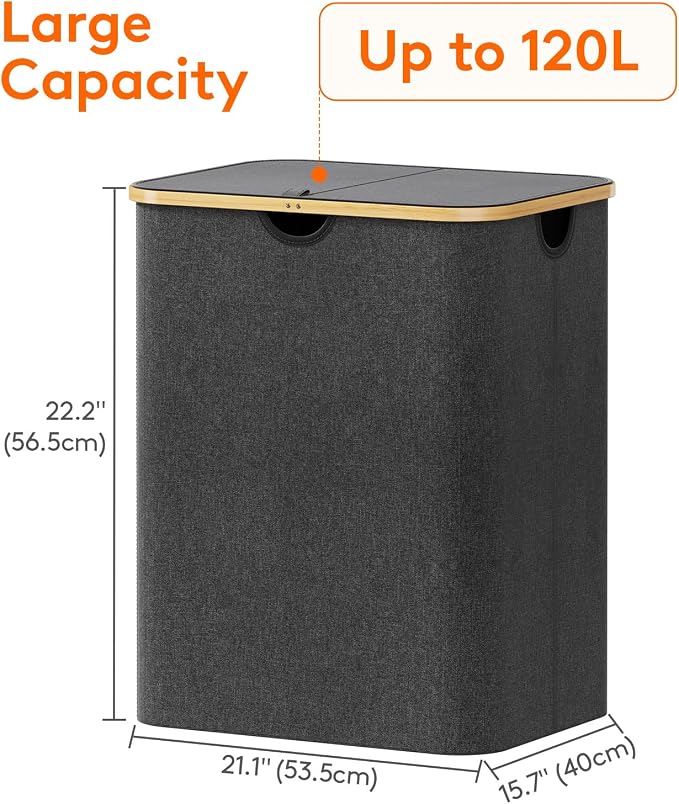 Lifewit 120L Large Laundry Basket with Lid, 2 Removable Bags, Dark Gray - Image 4