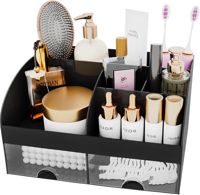 Makeup Organizer with Drawers, Cosmetic Storage for Dresser Vanity and Bathroom Countertop, Beauty Holder for Lipstick Brush, Skincare Organizer for Vanity, Cosmetic Display Case (Black) - Image 3