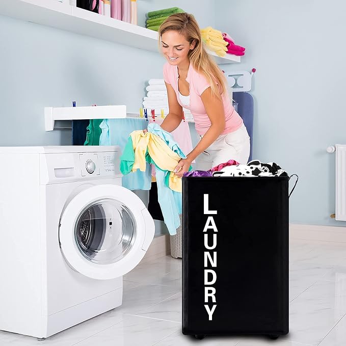 92L Extra Large Rolling Laundry Basket with Leather Handle,Tall Laundry Hamper on Wheels,Laundry Bin,Rolling Laundry Cart Black - Image 4
