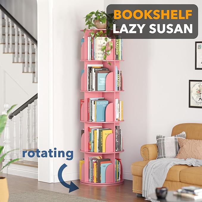 SpaceAid 5 Tier Rotating Bookshelf Tower, Spinning Bookcase Lazy Susan, Revolving 360 Book Shelf Storage Round Carousel, Vertical Rotate Turning Spiral Corner Organizer, Pink - Image 4