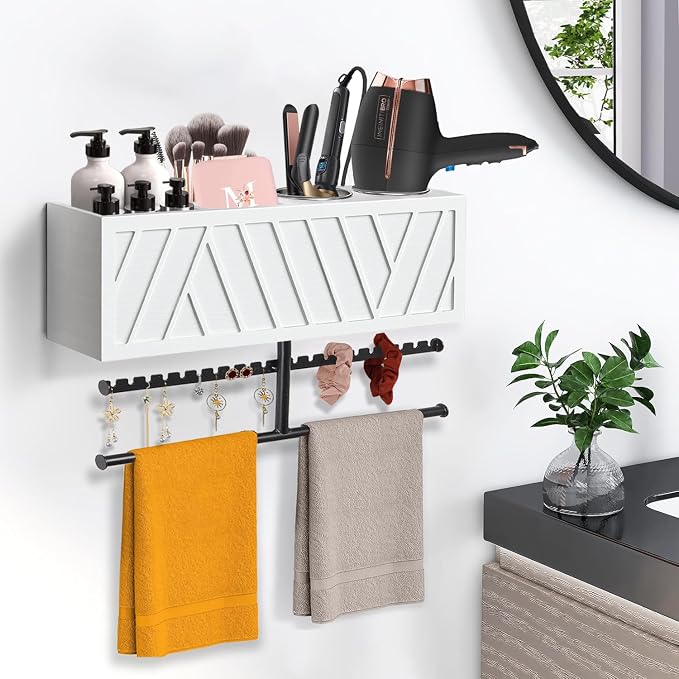 Rustic Hair Dryer Holder Wall Mounted,Hair Styling Tools & Accessories Organizer,Bathroom Supplies & hot Tools vanities Organizer Caddy,for Storage Flat Iron,Blow Dryer,Curling Iron,Towel - Image 2