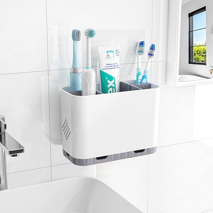 Toothbrush and Toothpaste Holders for Bathrooms Countertop - Detachable 5 Slots Kids Electric Toothbrush Holders Set Wall Mounted with Removable Dividers for Bathroom Decor and Accessories Organizer by Homtalker
