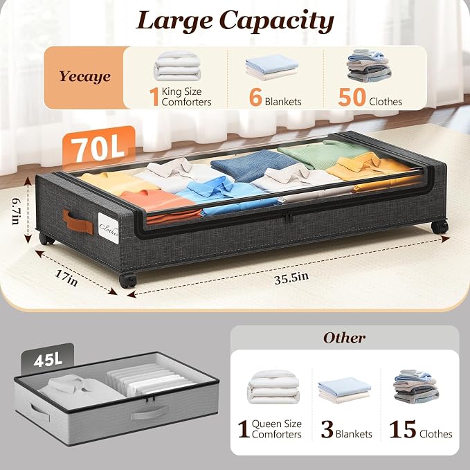 Yecaye 70L Under Bed Storage with Wheels, 2Pack Larger Capacity Under Bed Storage Containers, Underbed Shoe Storage Organizer, Rolling Under Bed Metal Drawers for Shoes, Clothes, Hemp Grey - Image 2