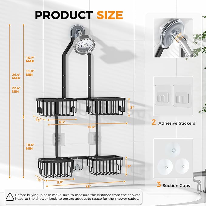 Adjustable Aluminum Shower Caddy Hanging for Handheld Showerhead, Black - Image 7