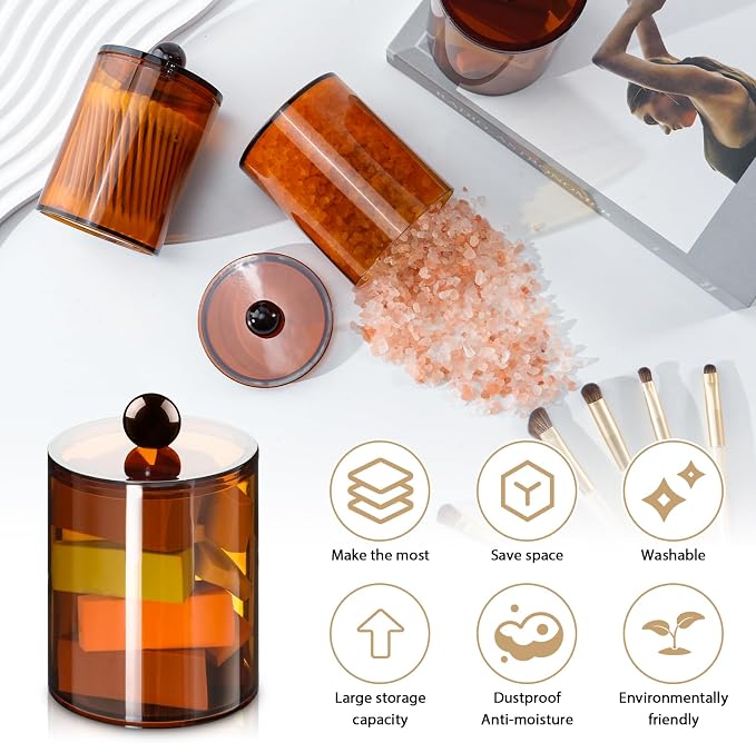 2 Pcs Acrylic Qtip Holder, Cotton Ball Holder Jars with Lids, Brown - Image 3