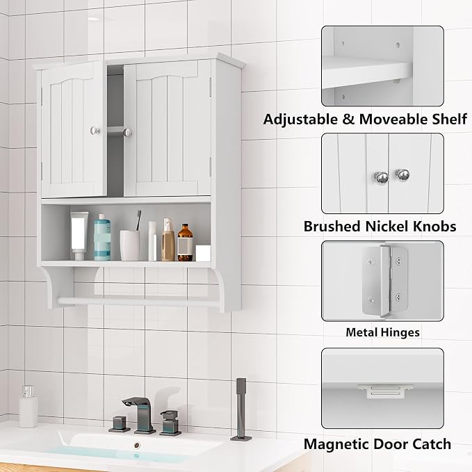 Bathroom Wall Cabinet, Bathroom Cabinet Wall Mount with 2 Doors and Open Shelf, Over The Toilet Wall Storage Cabinet, Bathroom Medicine Cabinet - Image 6