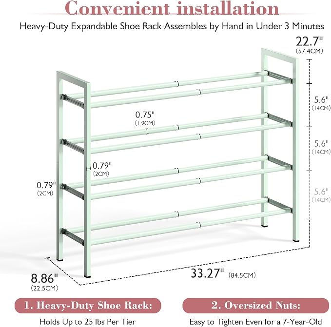 Bumusty 4 Tier Expandable Shoe Rack for Closet, Green | 18"-33" Adjustable Shoe Rack for Entryway, Small Shoe Organizer for Dorm, Front Door, Sturdy Metal - Image 3