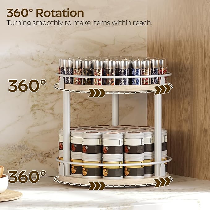 YATINEY Lazy Susan Organizer, Rotating Spice Rack, 2 Tier Spice Turntable Organizer, Industrial Turntable Spice Holder, for Kitchen Countertop, Compact and Versatile, White and Light Oak SR22WG - Image 3