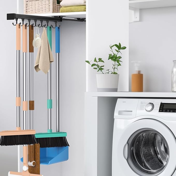 Pull Out Broom Holder With Adjustable Double Row Sliding Hook-Black 16.14in by PrimZootyDesign