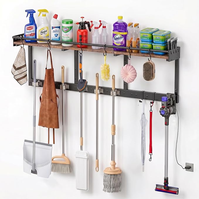 Broom Holder Wall Mount with Shelf,Broom Hanger,3 in 1 Broom and Mop Organizer Wall Hanging for Laundry,Garage,Utility,Broom Rack,Vacuum Stand Alternative,Cleaning Supplies Organizer Storage,Black,XL by Unknown