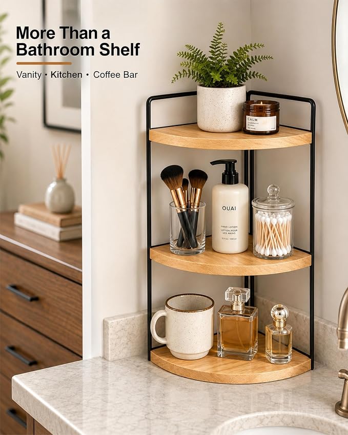 3-Tier Corner Bathroom Countertop Organizer, Solid Pine Wood Vanity Shelf - Image 6