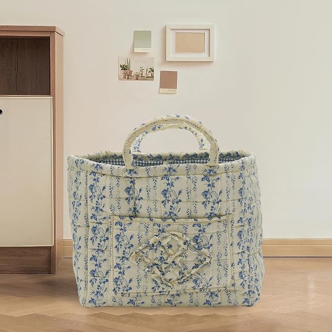 Quilted Fabric Storage Basket with Handles & Pocket, Foldable Laundry Hamper Boho Floral Print Organizer Bin for Home, Picnic, Office 12"x10"x10" (B-5) - Image 3