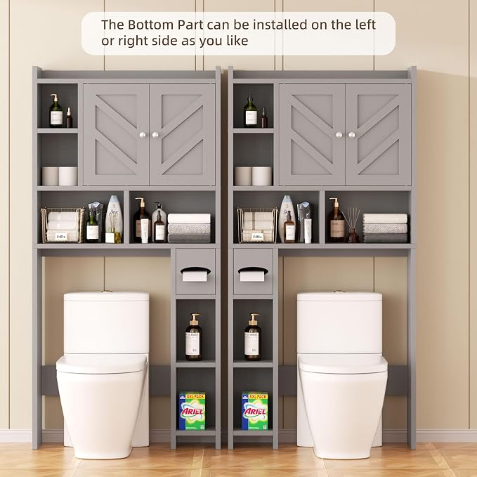 Shintenchi Over the Toilet Storage Cabinet, Bathroom Storage Cabient with Barn Doors, Bathroom Storage Shelf Organizer with Toilet Paper Holder, Adjustable Shelf and Anti-Tip Device, Gray - Image 4
