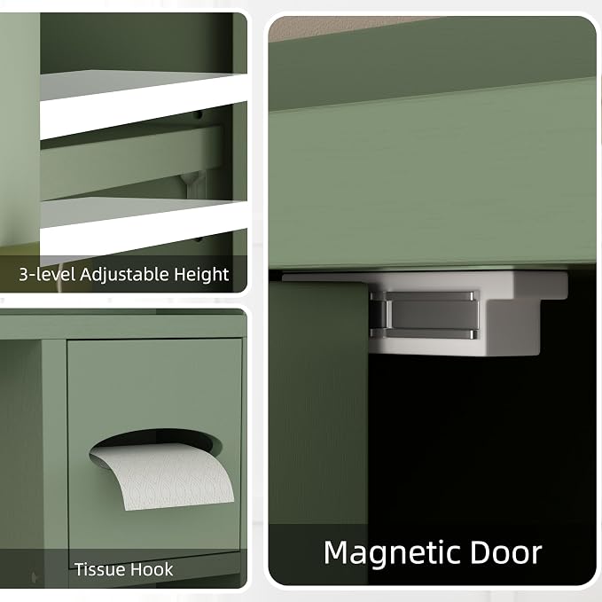 Shintenchi Over the Toilet Storage Cabinet, Bathroom Storage Cabient with Barn Doors, Bathroom Storage Shelf Organizer with Toilet Paper Holder, Adjustable Shelf and Anti-Tip Device, Green - Image 7
