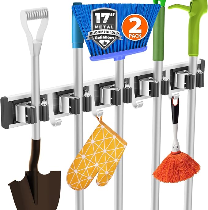 reliahom Broom Holder Wall Mount Mop Hanger Tools organizer 5Racks4Hooks,2P by reliahom