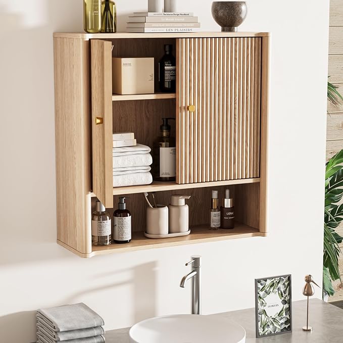 Bathroom Wall Cabinet, Medicine Cabinet with Adjustable Wood Shelf & Doors, Over The Toilet Storage Organizer Wall Mounted Storage Cabinet for Laundry Room, Kitchen, Living Room, Cupboard, Oak - Image 4