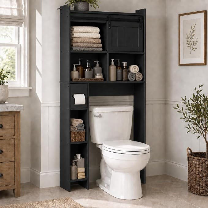kepptory Over the Toilet Cabinet with Sliding Barn Door，Black by kepptory