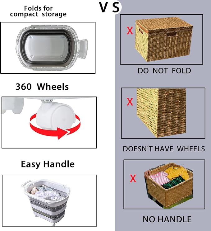 Folding Laundry Basket with Wheels Handle Collapsible Plastic Hamper 38L Portable Rubber Clothes Multi Use Grocery Shopping Cart Pop Up Storage Container Organizer with Hanging Space Saving White Grey - Image 4