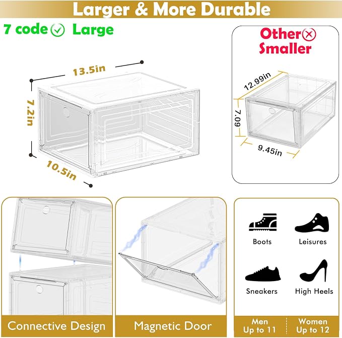 Large Thick Clear Shoe Organizer, Magnetic Door Stackable Shoe Storage Box | Foldable Shoe Storage Boxes for Sneakers & Boots, Space-Saving Closet Shoe Cabinet with Clear Magnetic Door, 9 Pack White - Image 3