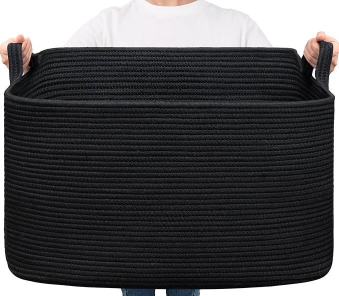 Goodpick 85L Large Woven Rope Blanket Basket, Rectangle, Black by Goodpick