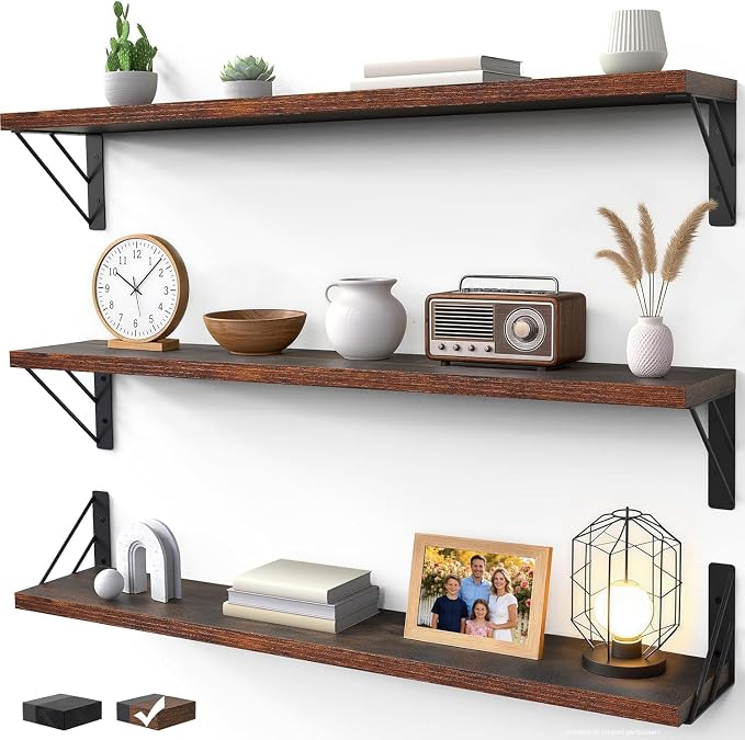 BAYKA Wall Shelves for Bedroom Decor, Wood, Rustic Brown, Set of 3, 36in by Bayka