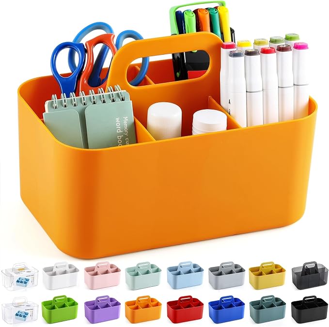 Multiuse Caddy Organizer with Handle, Portable Divided Plastic Tote Bin - Art Craft, Stationary Pen Marker Crayon, Makeup Hair Supplies Storage - Bathroom, Classroom, Dorm, Office, Desk Holder -Orange - Image 8